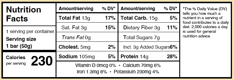 OroLiv Nutrition Facts label: 1 bar (50g), 230 calories, 13g total fat,
                    105mg sodium, 15g total carbohydrate, 3g fibre, 7g sugars, 14g protein.