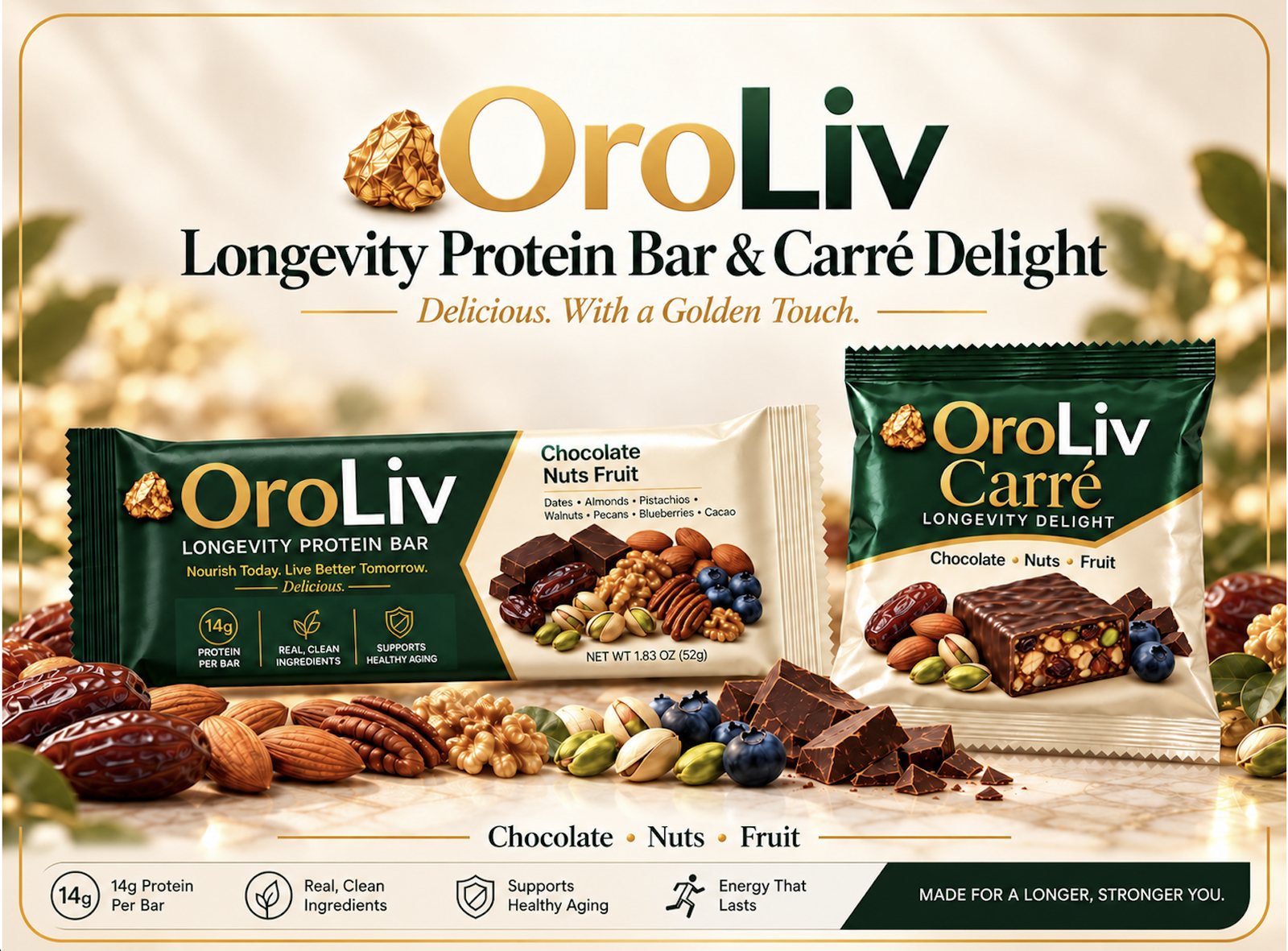 The OroLiv range: the Chocolate Nuts Fruit Longevity Protein Bar beside the
                  OroLiv Carré pouch, surrounded by dates, almonds, pecans, walnuts, pistachios,
                  blueberries and chunks of dark chocolate. Below: 14g protein per bar, real
                  clean ingredients, supports healthy aging, energy that lasts — made for a
                  longer, stronger you.